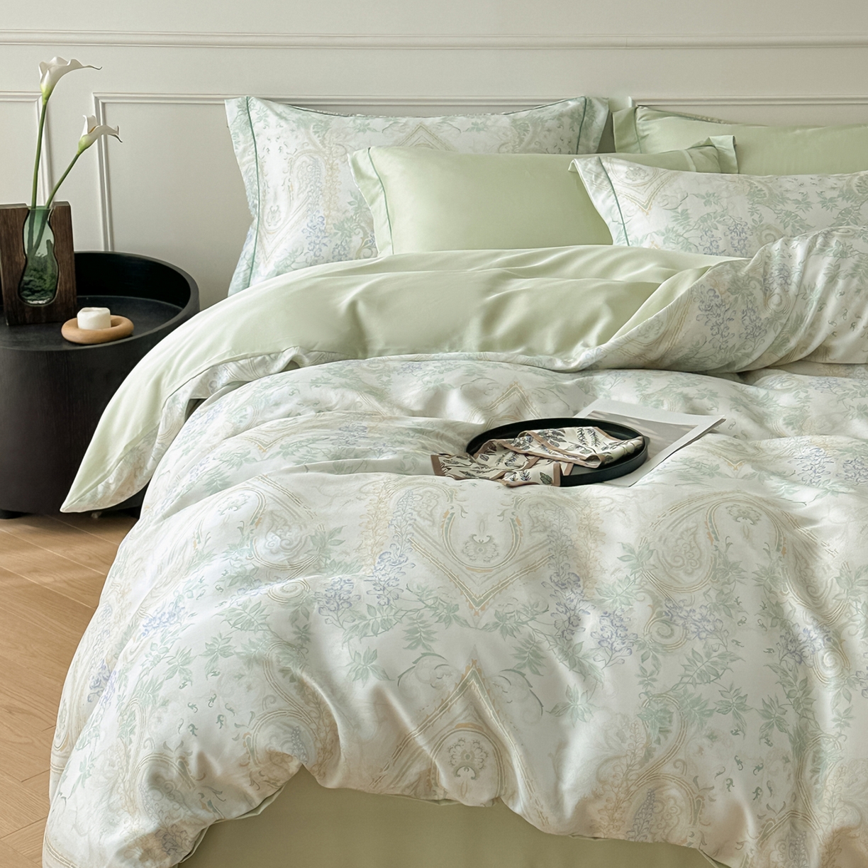 91家纺网 家纺一手货源 找家纺 启航家居 2026新款春夏天丝莱赛尔数码印花四件套 梦境之翼绿