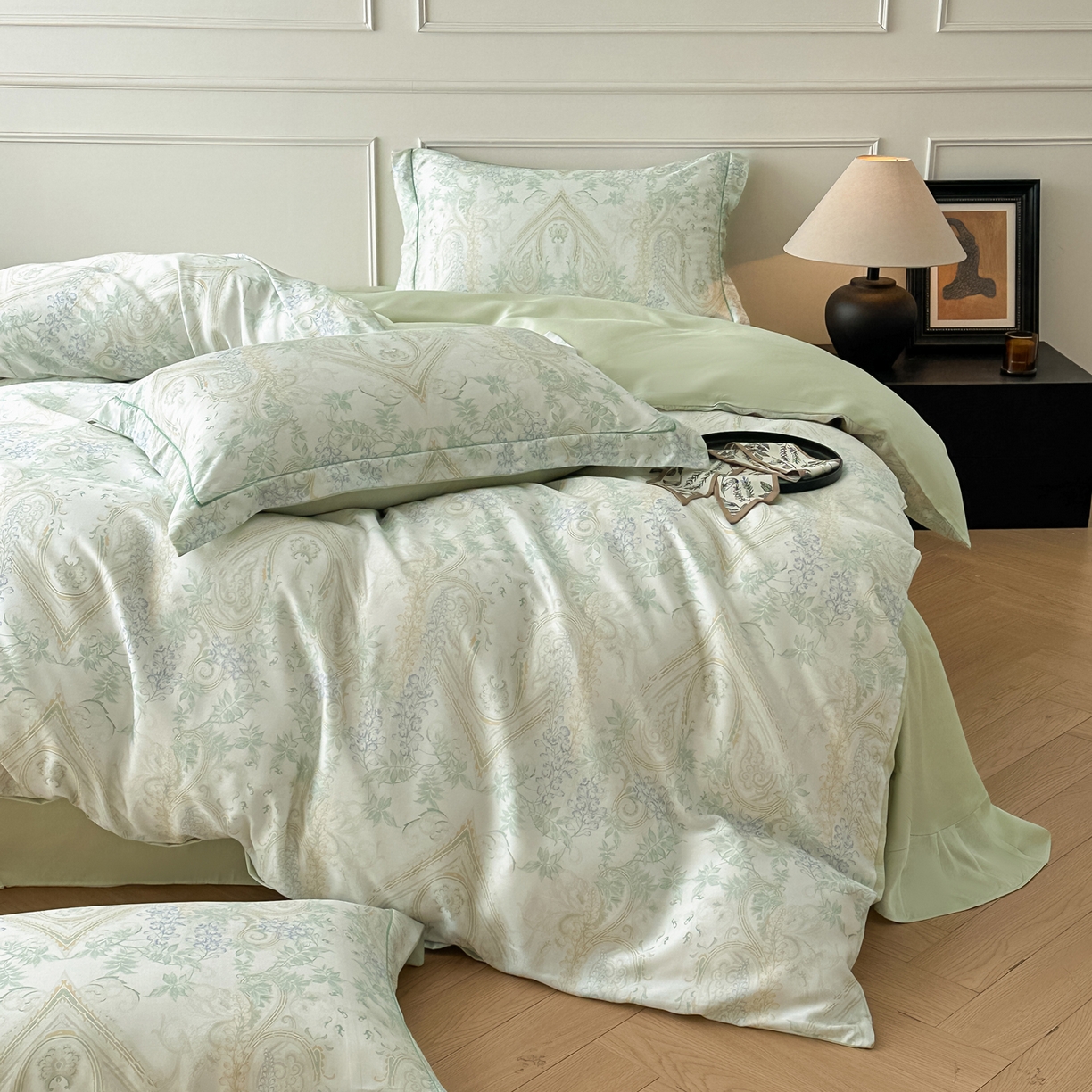 91家纺网 家纺一手货源 找家纺 启航家居 2026新款春夏天丝莱赛尔数码印花四件套 梦境之翼绿