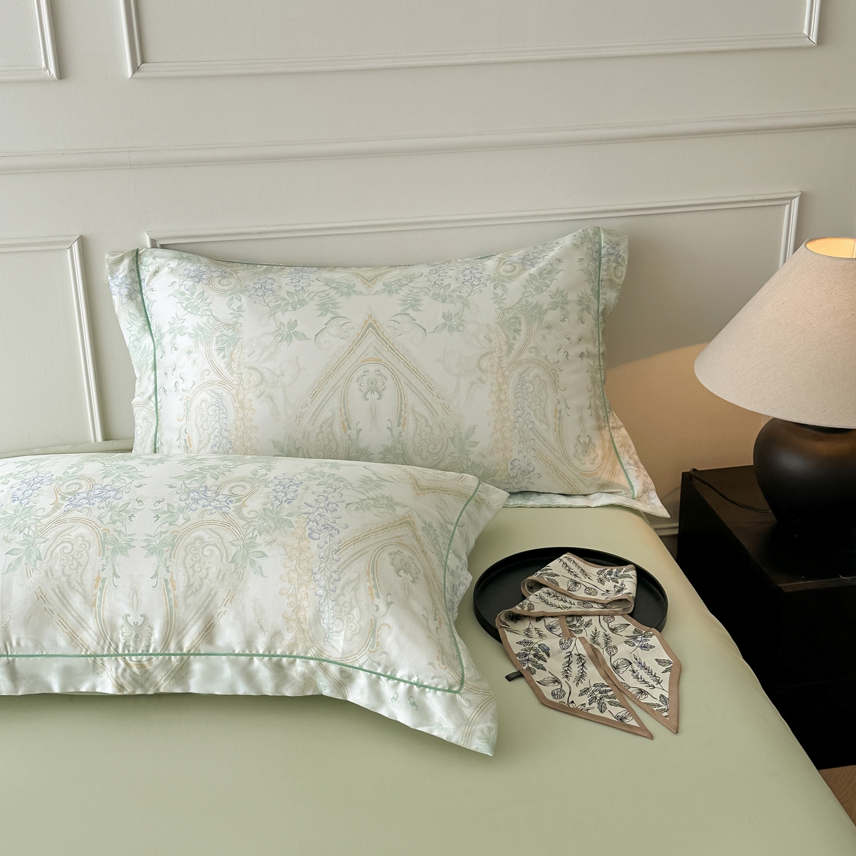 91家纺网 家纺一手货源 找家纺 启航家居 2026新款春夏天丝莱赛尔数码印花四件套 梦境之翼绿