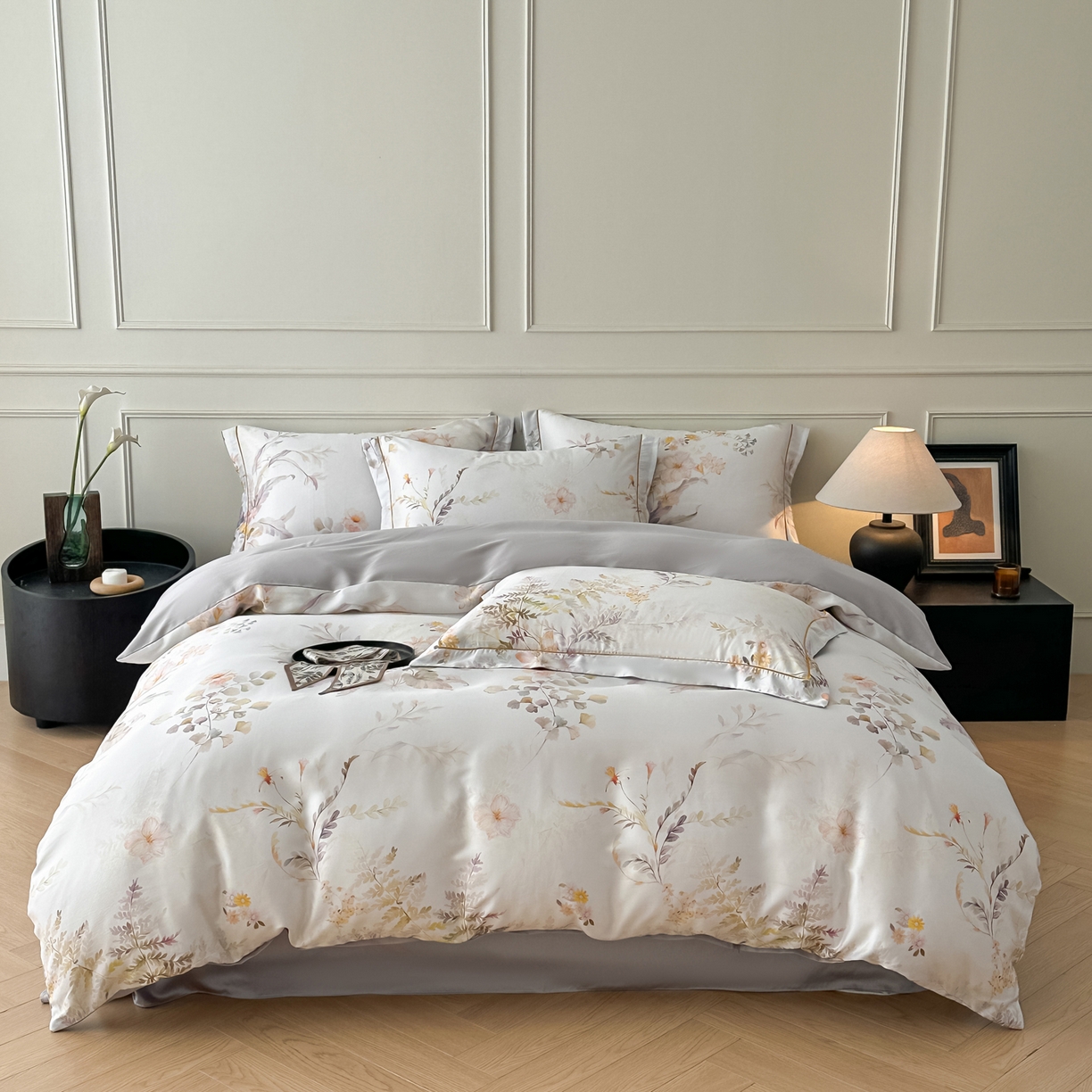 91家纺网 家纺一手货源 找家纺 启航家居 2026新款春夏天丝莱赛尔数码印花四件套 烟花间粉