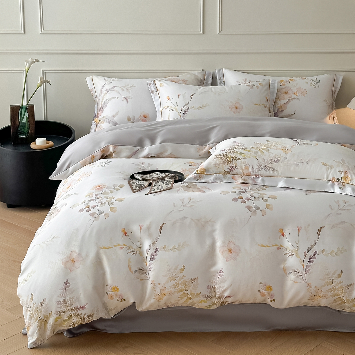 91家纺网 家纺一手货源 找家纺 启航家居 2026新款春夏天丝莱赛尔数码印花四件套 烟花间粉