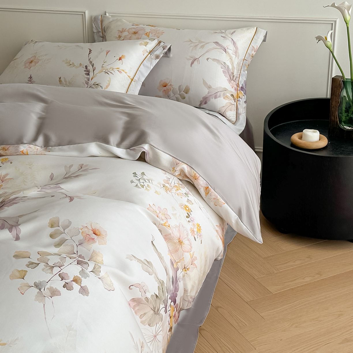 91家纺网 家纺一手货源 找家纺 启航家居 2026新款春夏天丝莱赛尔数码印花四件套 烟花间粉