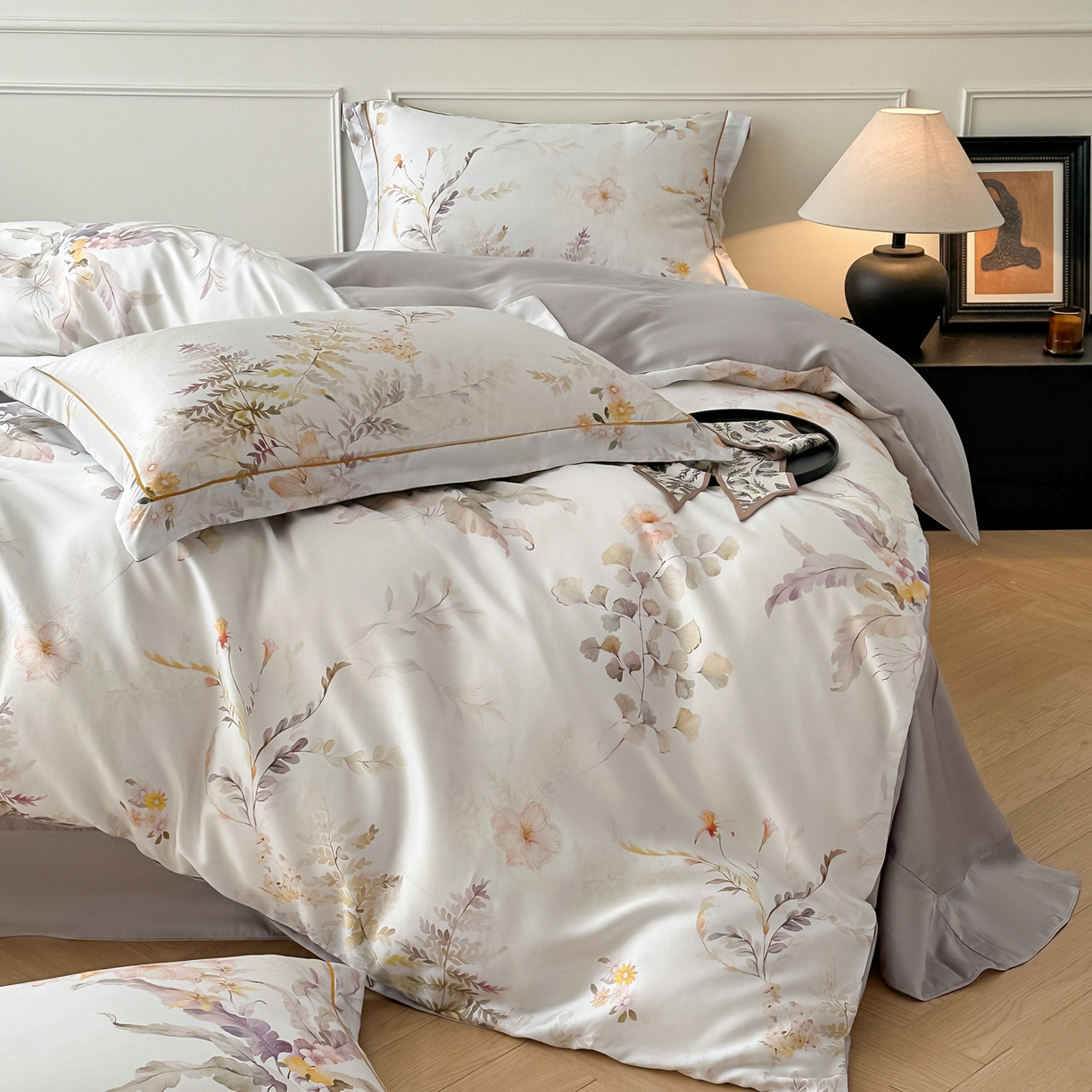 91家纺网 家纺一手货源 找家纺 启航家居 2026新款春夏天丝莱赛尔数码印花四件套 烟花间粉