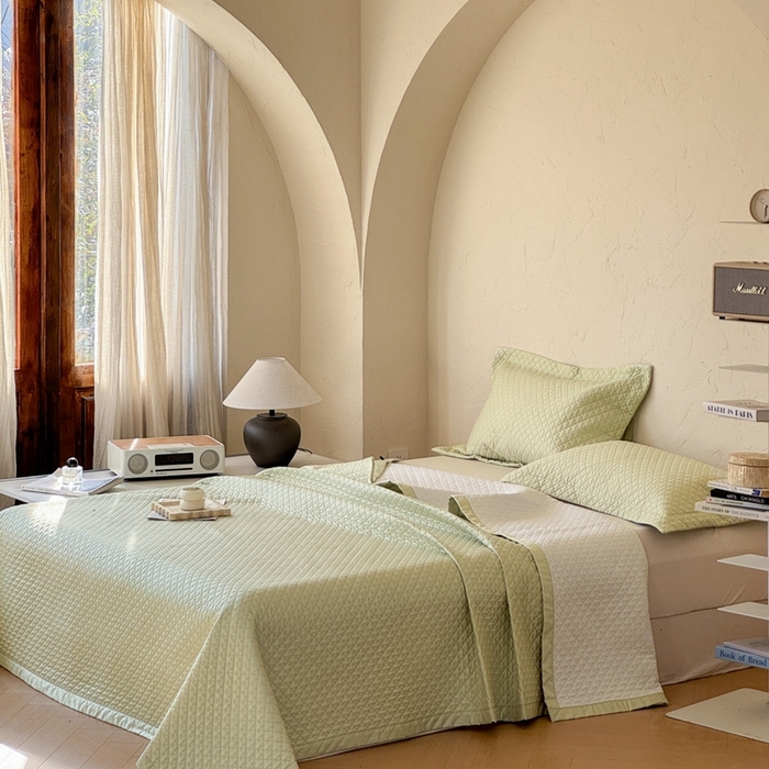 91家纺网 家纺一手货源 找家纺 法芙娜家纺 2026新款100S长绒棉床盖三件套 绿