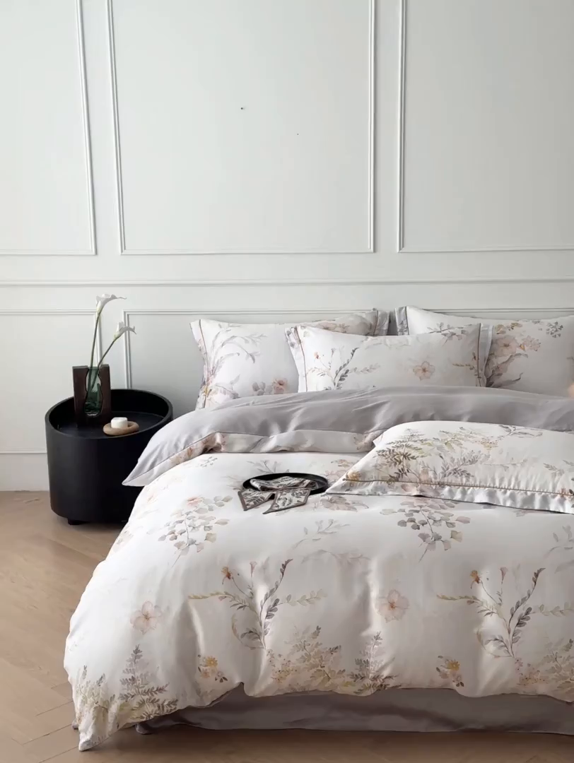 91家纺网 家纺一手货源 找家纺 启航家居 2026新款春夏天丝莱赛尔数码印花四件套 烟花间粉