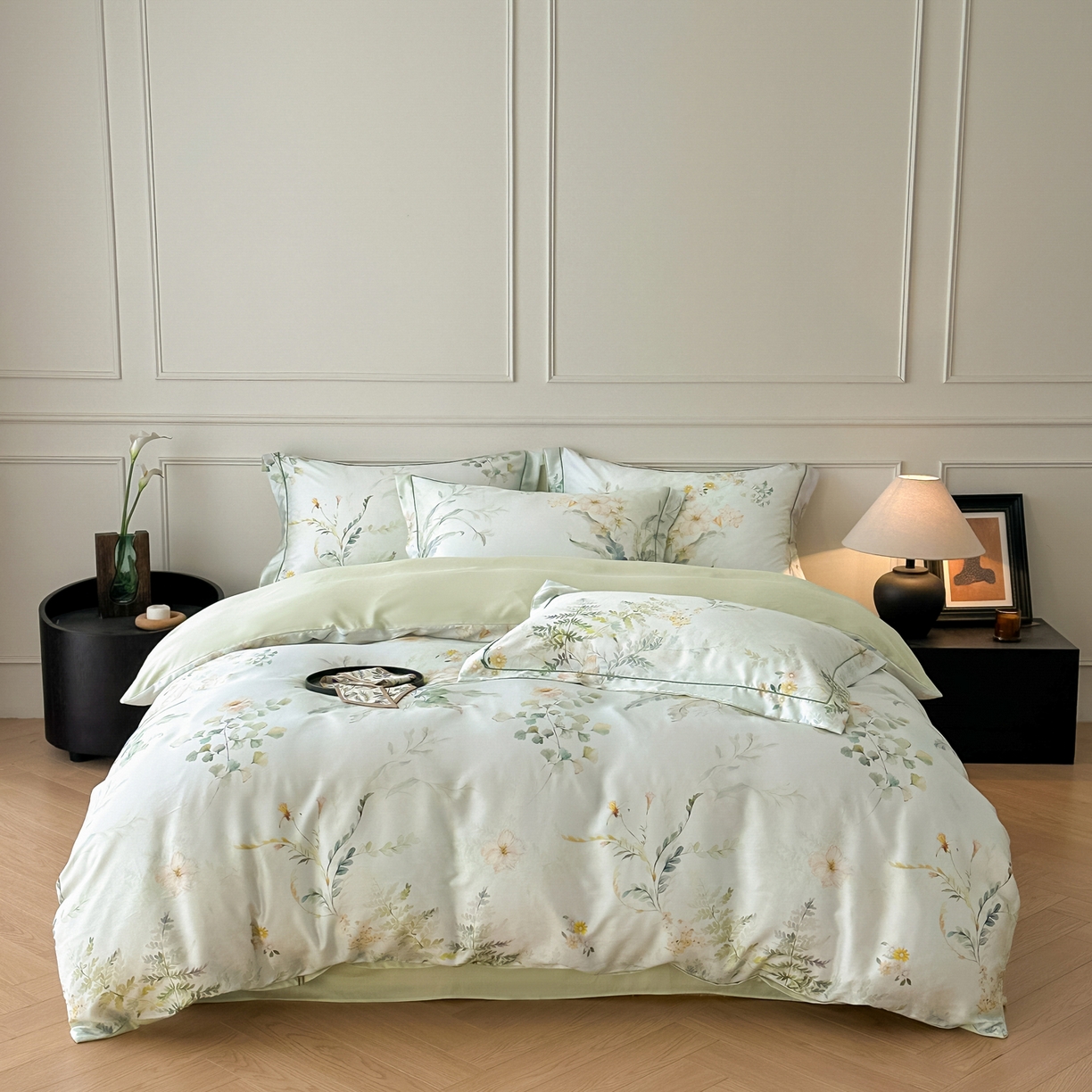 91家纺网 家纺一手货源 找家纺 启航家居 2026新款春夏天丝莱赛尔数码印花四件套 烟花间绿