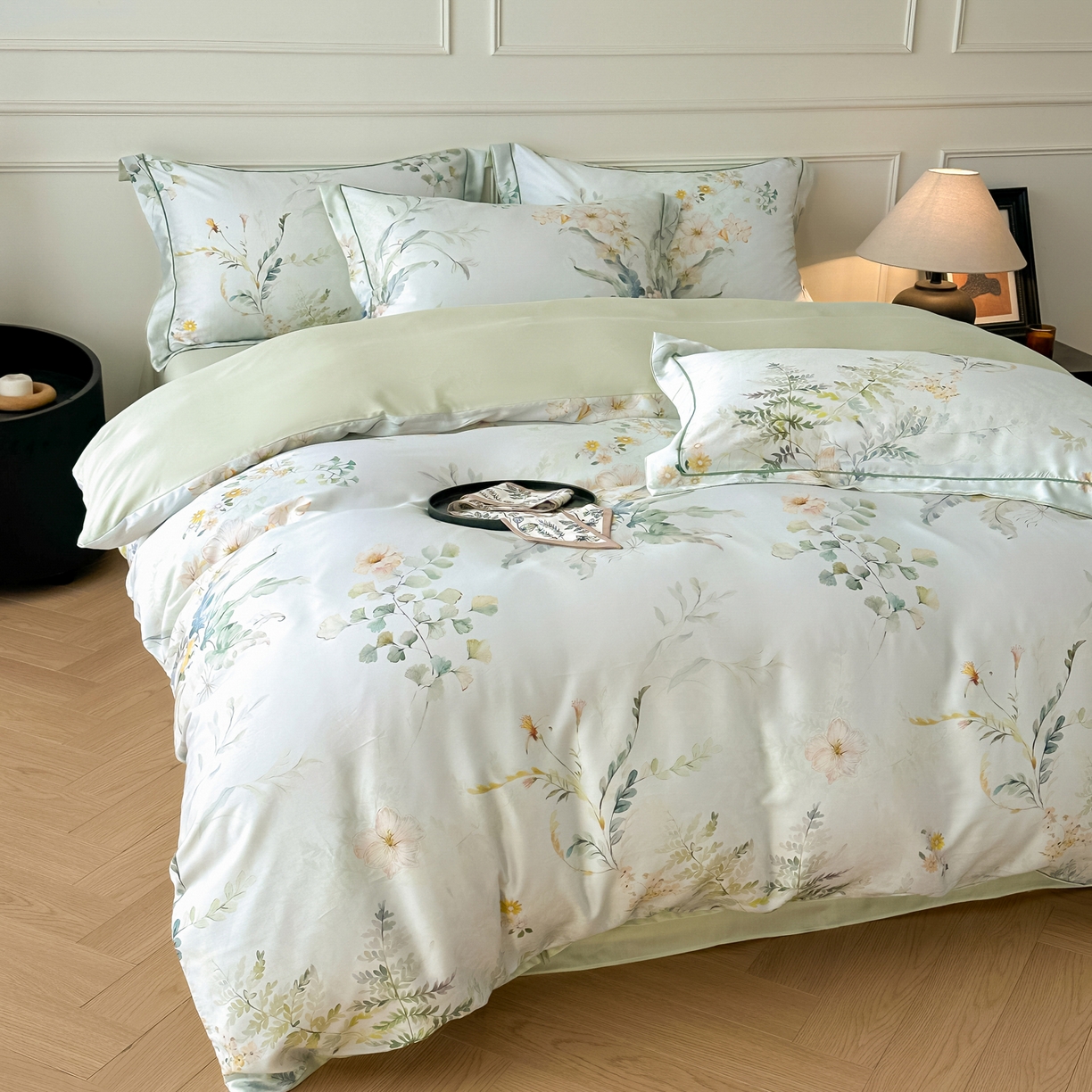 91家纺网 家纺一手货源 找家纺 启航家居 2026新款春夏天丝莱赛尔数码印花四件套 烟花间绿