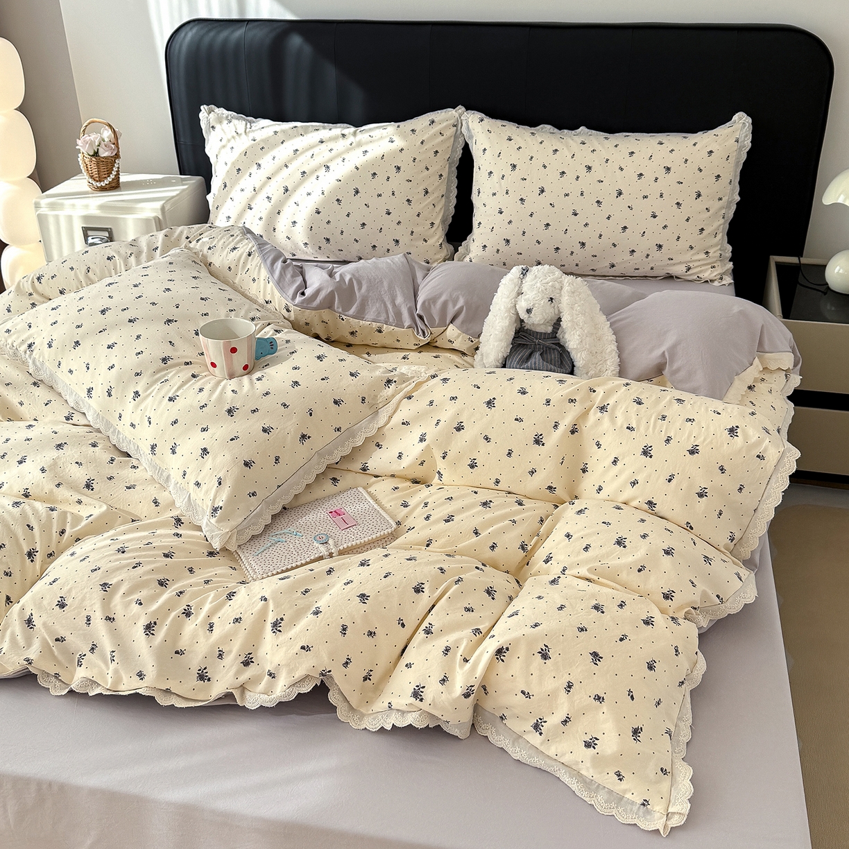 91家纺网 家纺一手货源 找家纺 铺尚美家纺 2026新款田园韩版花边款小碎花古法水洗仿棉A类云感棉四件套 暖暖