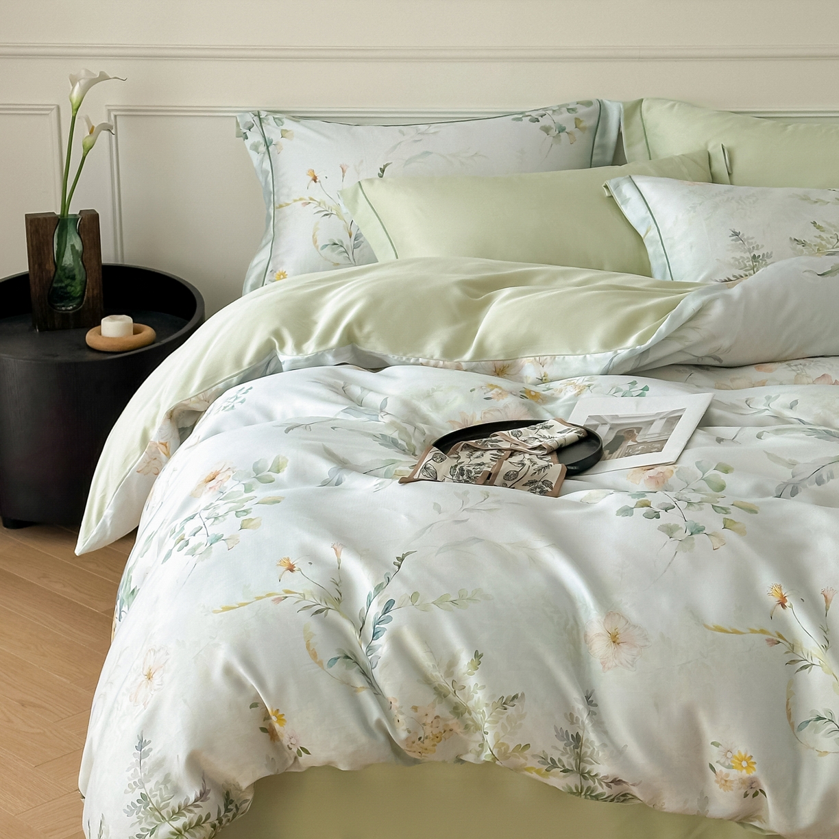 91家纺网 家纺一手货源 找家纺 启航家居 2026新款春夏天丝莱赛尔数码印花四件套 烟花间绿