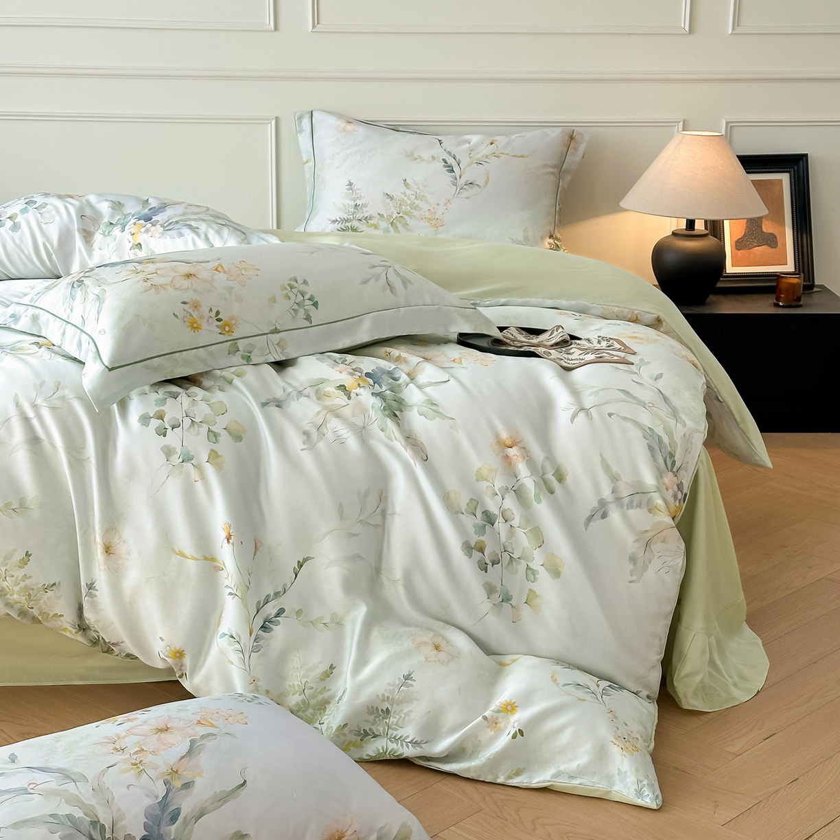 91家纺网 家纺一手货源 找家纺 启航家居 2026新款春夏天丝莱赛尔数码印花四件套 烟花间绿