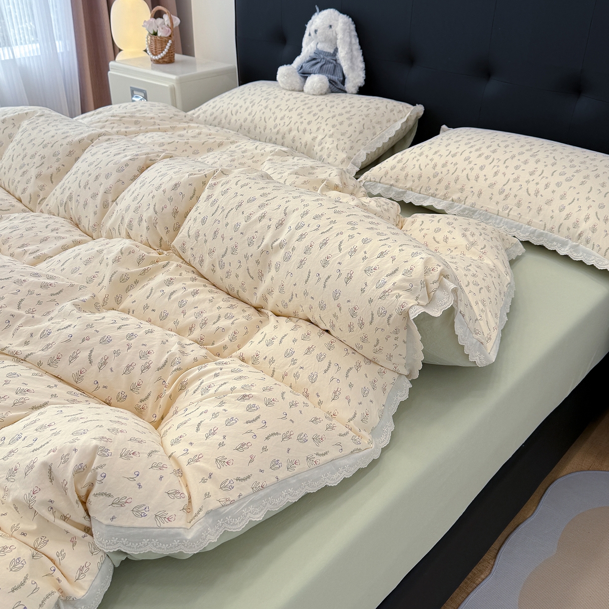 91家纺网 家纺一手货源 找家纺 铺尚美家纺 2026新款田园韩版花边款小碎花古法水洗仿棉A类云感棉四件套 千寻绿