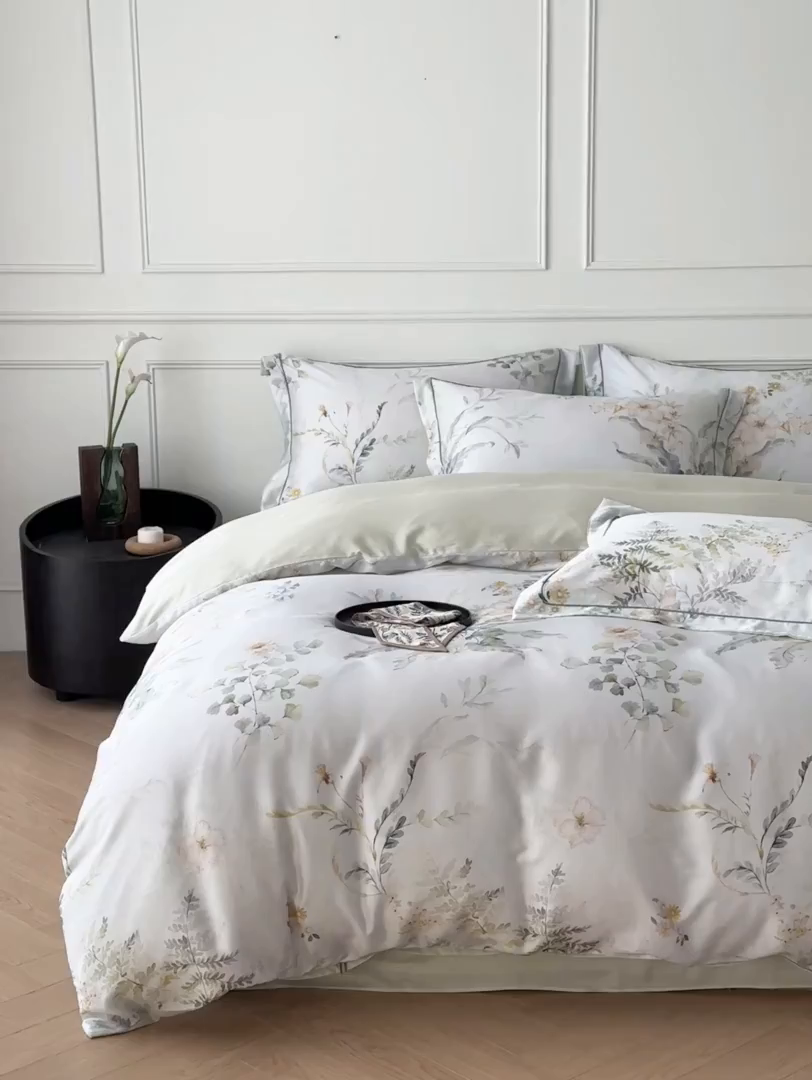 91家纺网 家纺一手货源 找家纺 启航家居 2026新款春夏天丝莱赛尔数码印花四件套 烟花间绿