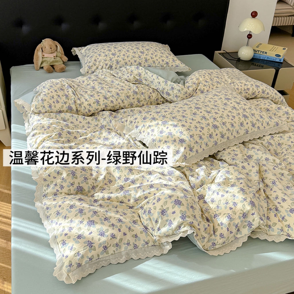 91家纺网 家纺一手货源 找家纺 铺尚美家纺 2026新款田园韩版花边款小碎花古法水洗仿棉A类云感棉四件套 绿野仙踪