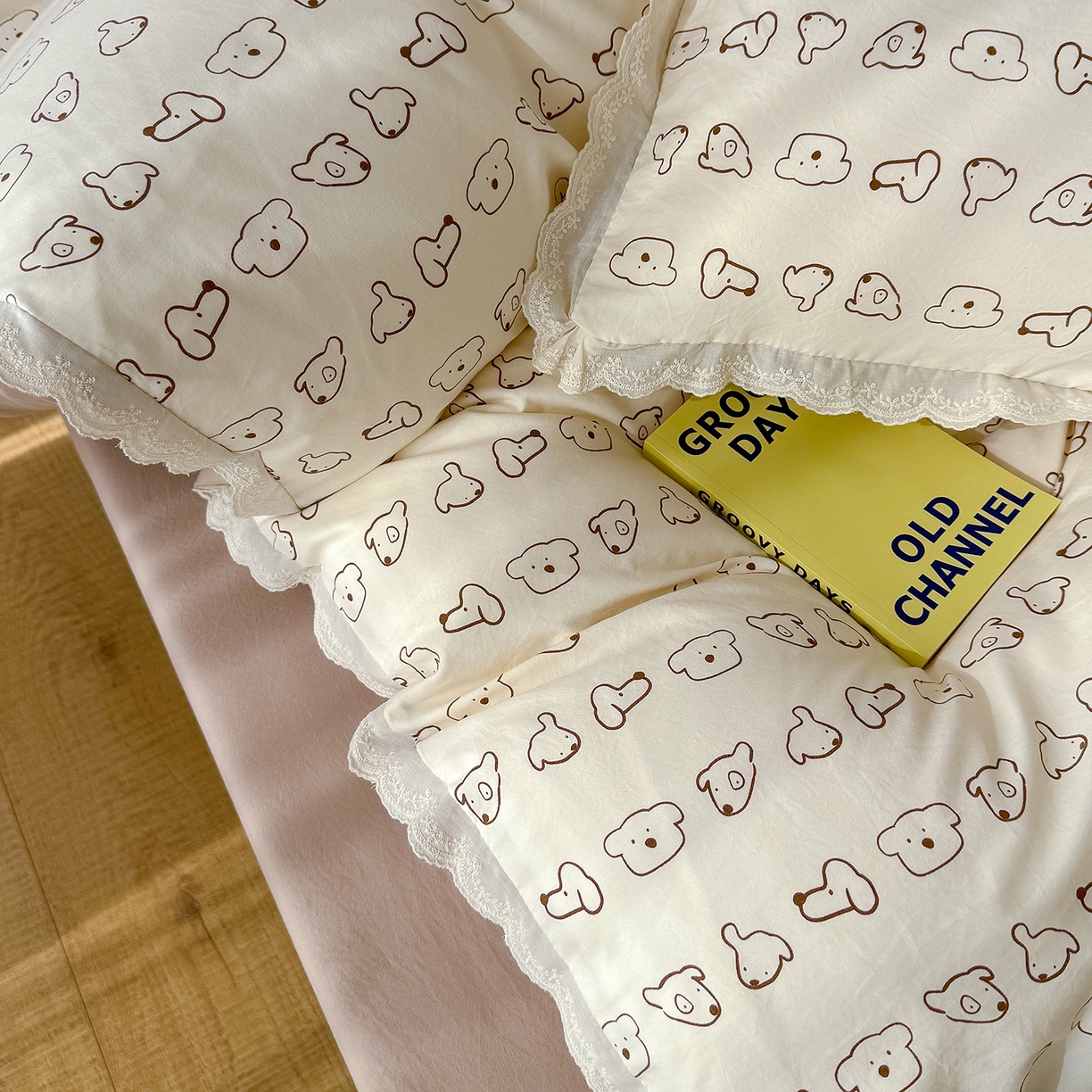 91家纺网 家纺一手货源 找家纺 铺尚美家纺 2026新款田园韩版花边款小碎花古法水洗仿棉A类云感棉四件套 萌宠