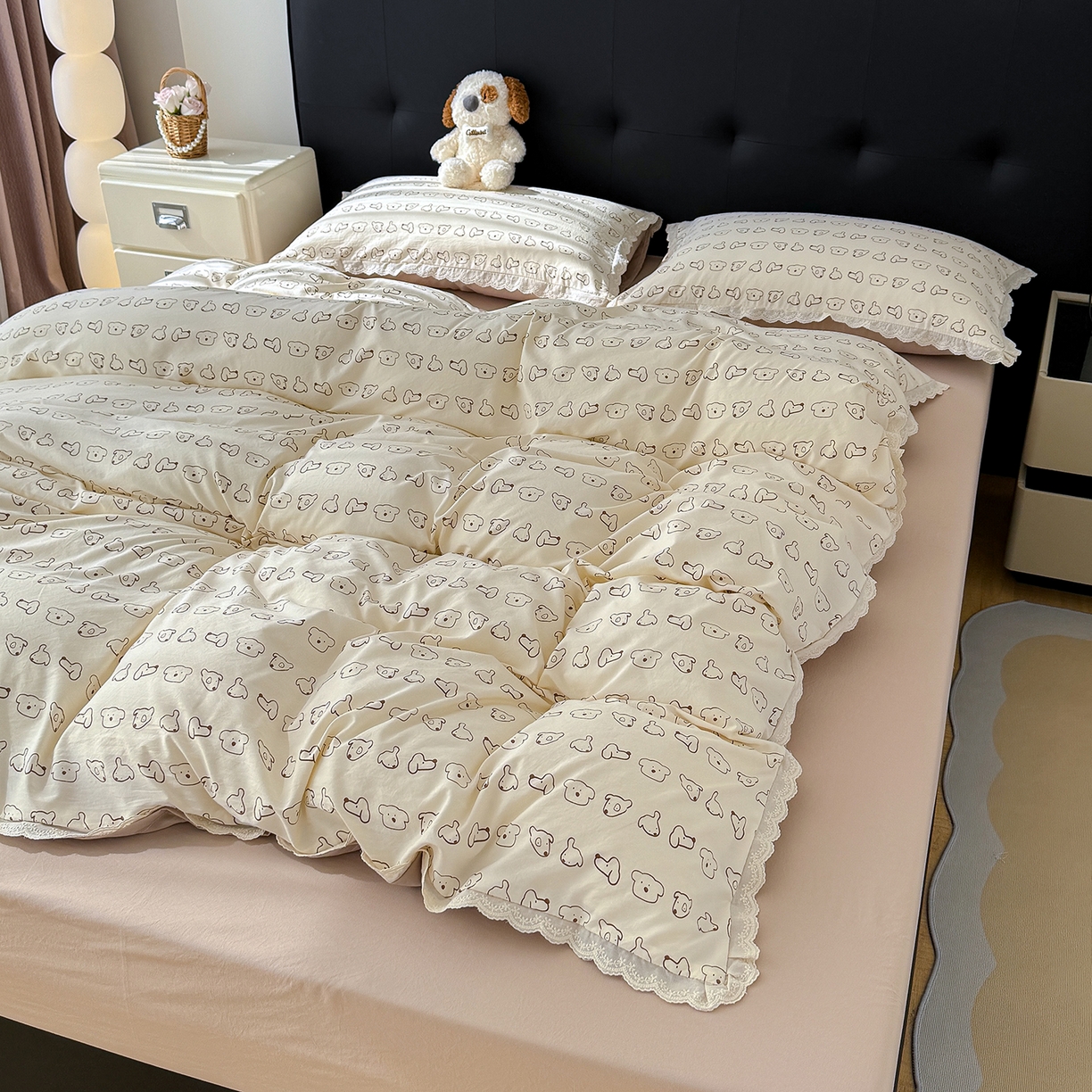 91家纺网 家纺一手货源 找家纺 铺尚美家纺 2026新款田园韩版花边款小碎花古法水洗仿棉A类云感棉四件套 萌宠