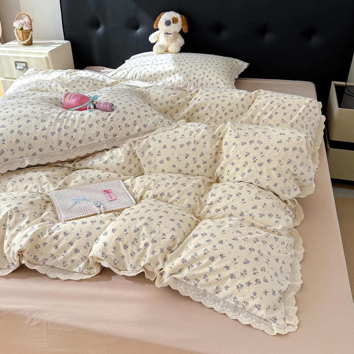 91家纺网 家纺一手货源 找家纺 铺尚美家纺 2026新款田园韩版花边款小碎花古法水洗仿棉A类云感棉四件套 暗香