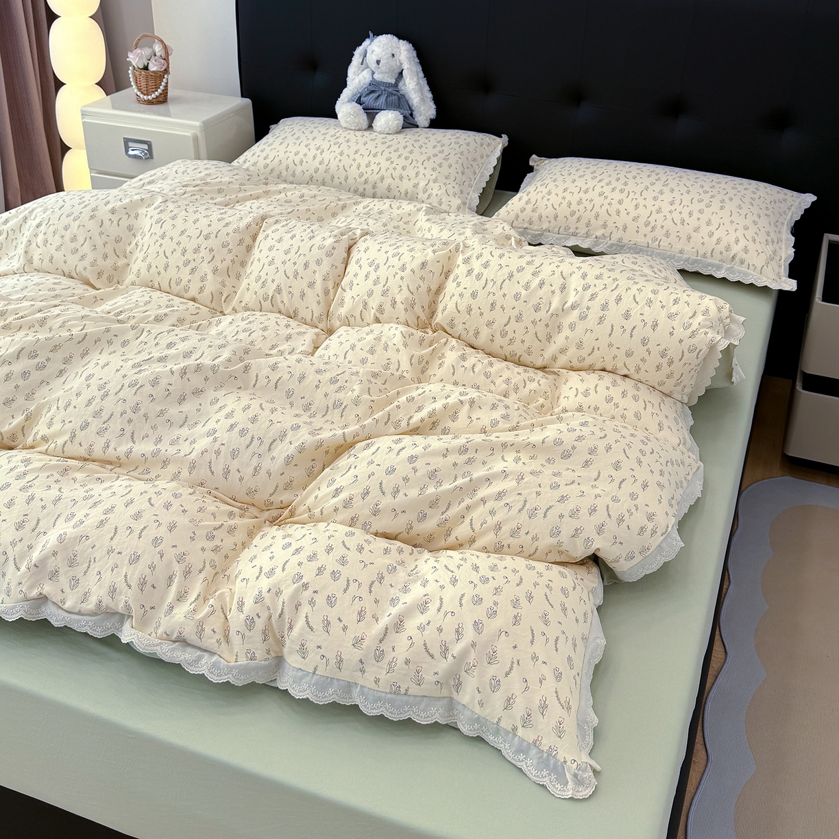 91家纺网 家纺一手货源 找家纺 铺尚美家纺 2026新款田园韩版花边款小碎花古法水洗仿棉A类云感棉四件套 千寻绿