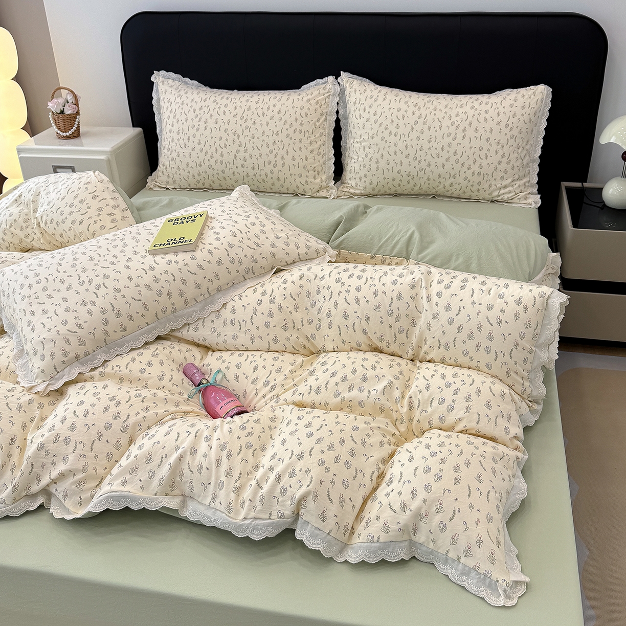 91家纺网 家纺一手货源 找家纺 铺尚美家纺 2026新款田园韩版花边款小碎花古法水洗仿棉A类云感棉四件套 千寻绿