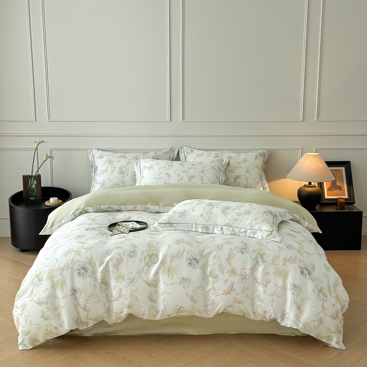 91家纺网 家纺一手货源 找家纺 启航家居 2026新款春夏天丝莱赛尔数码印花四件套 樱岛春漫粉