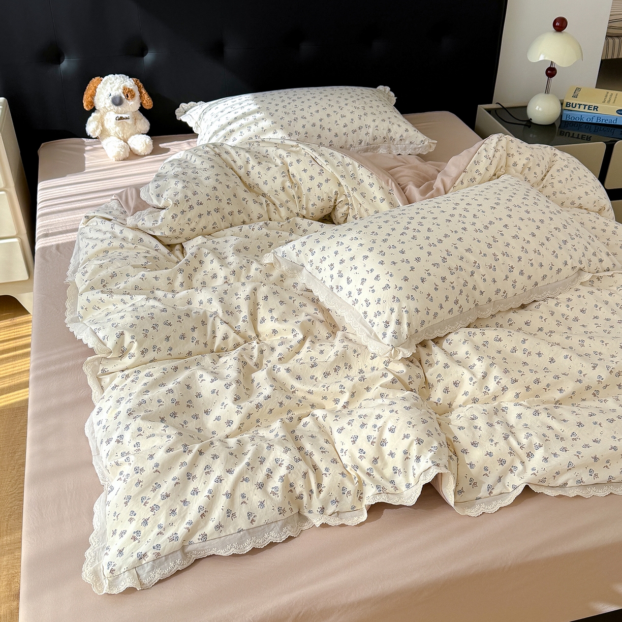 91家纺网 家纺一手货源 找家纺 铺尚美家纺 2026新款田园韩版花边款小碎花古法水洗仿棉A类云感棉四件套 暗香