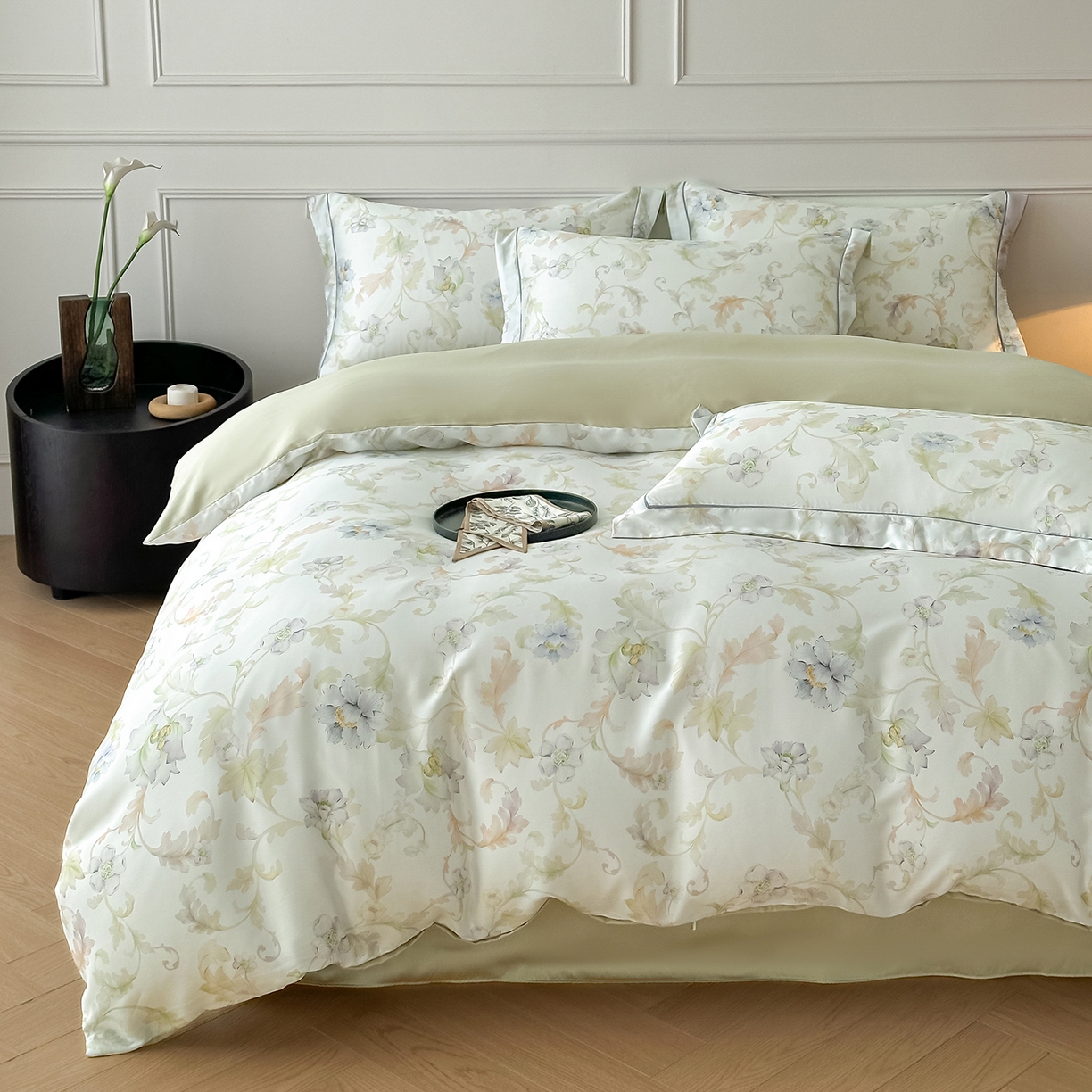 91家纺网 家纺一手货源 找家纺 启航家居 2026新款春夏天丝莱赛尔数码印花四件套 樱岛春漫粉