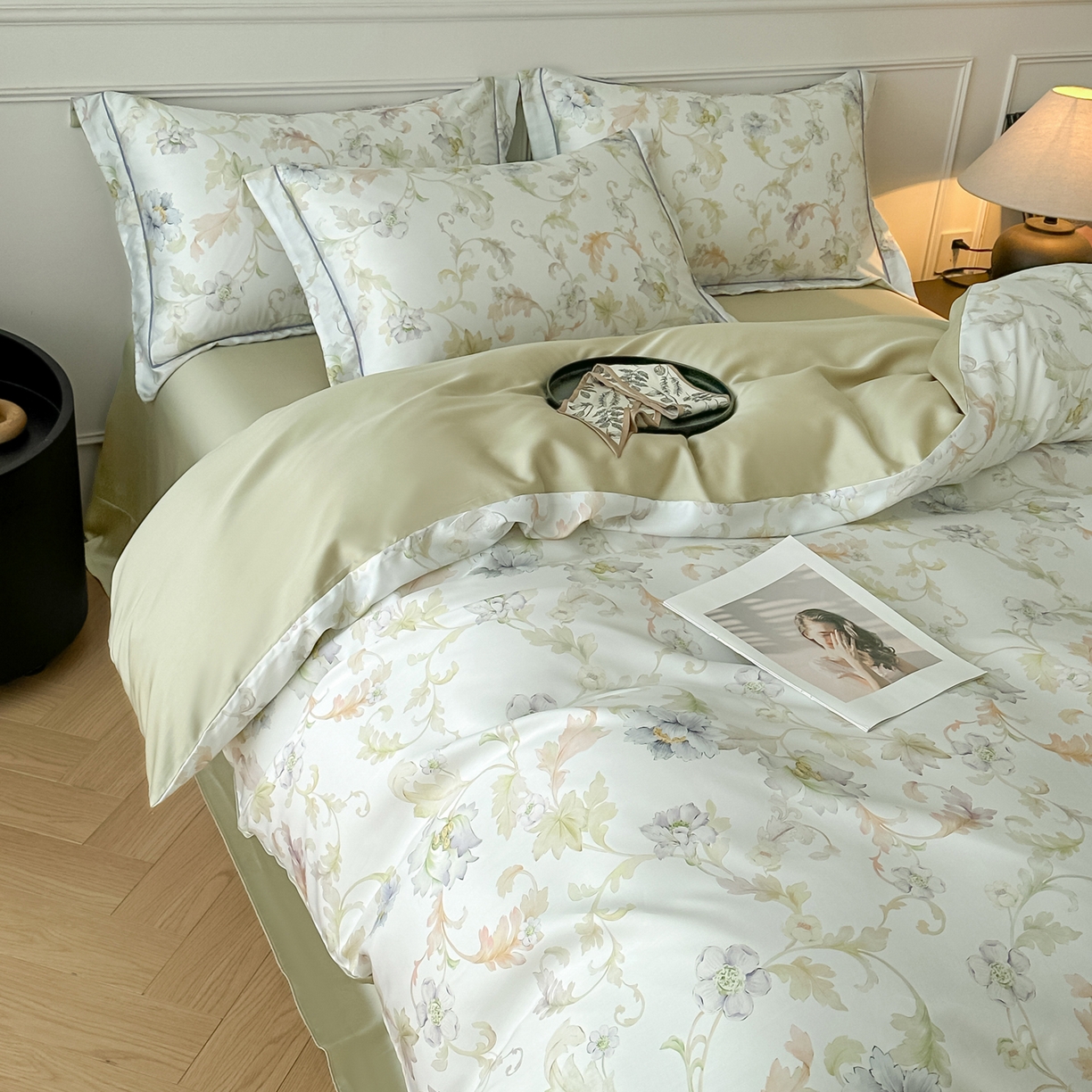 91家纺网 家纺一手货源 找家纺 启航家居 2026新款春夏天丝莱赛尔数码印花四件套 樱岛春漫粉