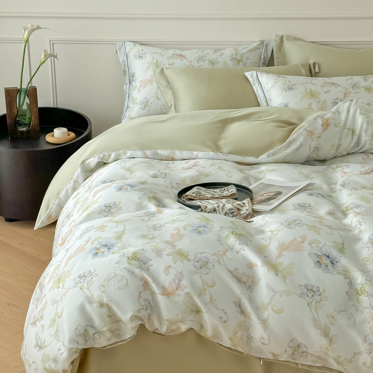 91家纺网 家纺一手货源 找家纺 启航家居 2026新款春夏天丝莱赛尔数码印花四件套 樱岛春漫粉