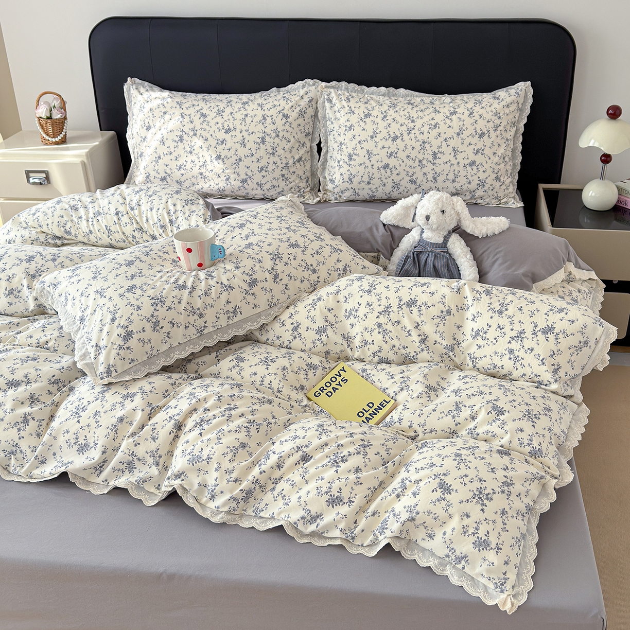 91家纺网 家纺一手货源 找家纺 铺尚美家纺 2026新款田园韩版花边款小碎花古法水洗仿棉A类云感棉四件套 花间梦