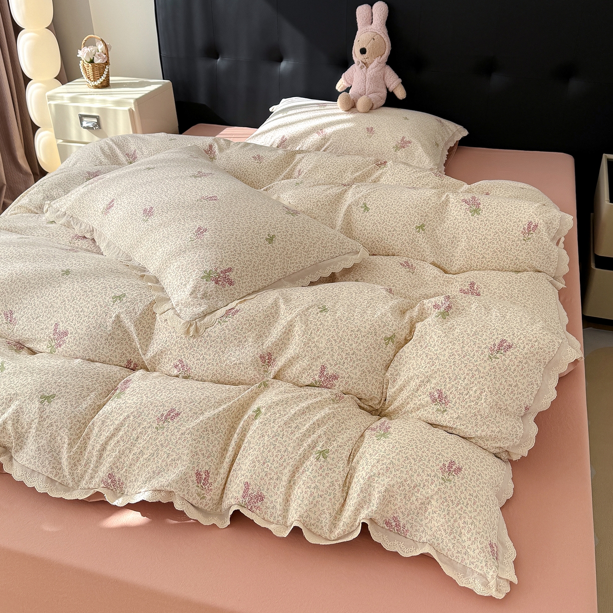 91家纺网 家纺一手货源 找家纺 铺尚美家纺 2026新款田园韩版花边款小碎花古法水洗仿棉A类云感棉四件套 春野