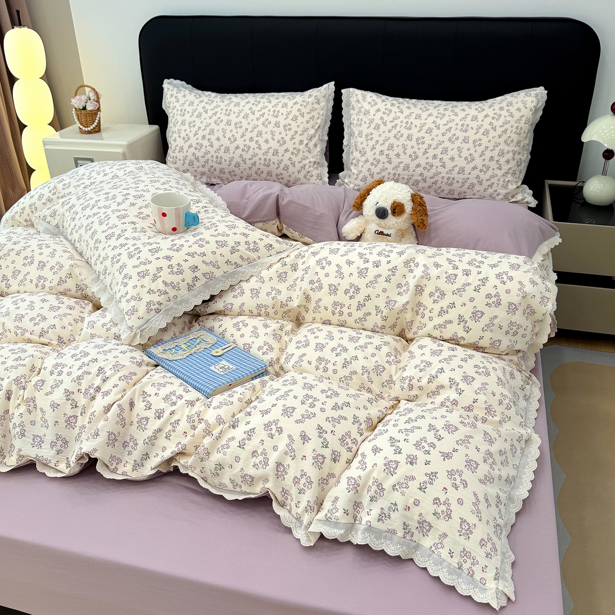 91家纺网 家纺一手货源 找家纺 铺尚美家纺 2026新款田园韩版花边款小碎花古法水洗仿棉A类云感棉四件套 漫步花间