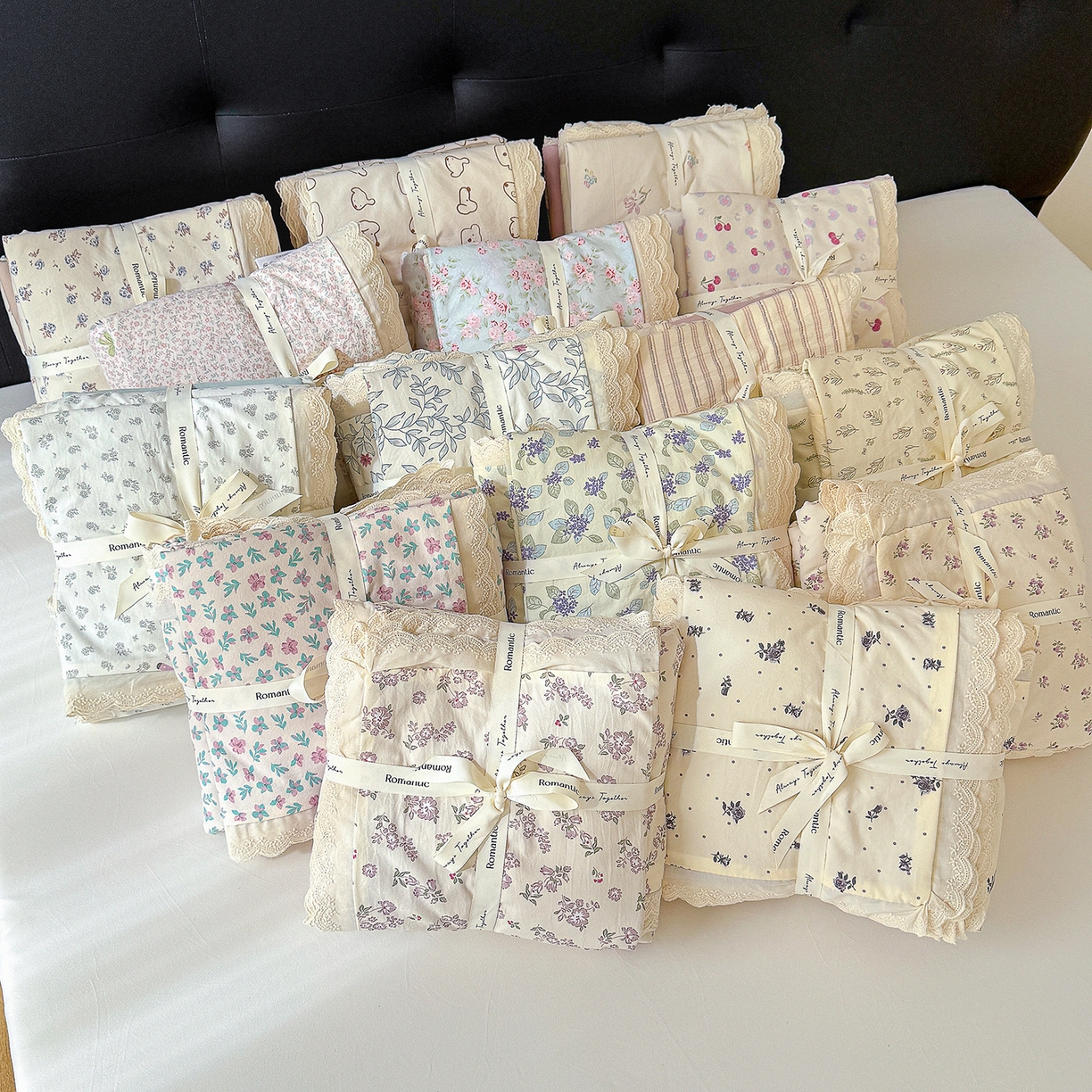 91家纺网 家纺一手货源 找家纺 铺尚美家纺 2026新款田园韩版花边款小碎花古法水洗仿棉A类云感棉四件套 组合图