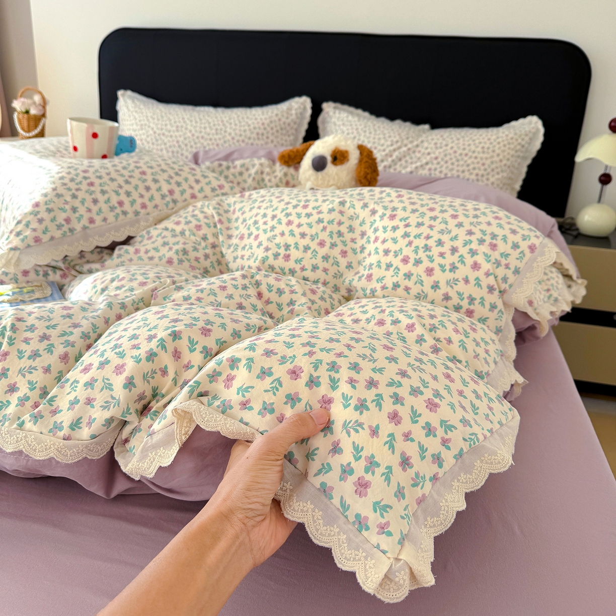 铺尚美家纺 2026新款田园韩版花边款小碎花古法水洗仿棉A类云感棉四件套 花田故事