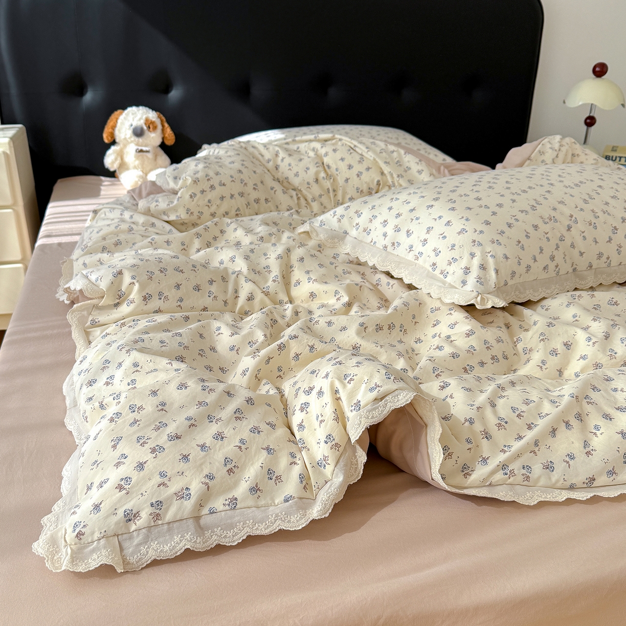 91家纺网 家纺一手货源 找家纺 铺尚美家纺 2026新款田园韩版花边款小碎花古法水洗仿棉A类云感棉四件套 暗香