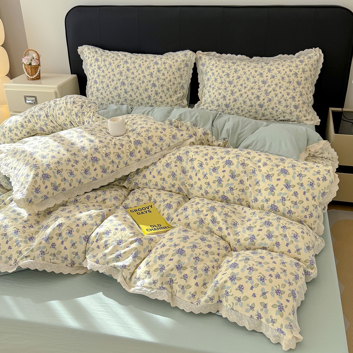 91家纺网 家纺一手货源 找家纺 铺尚美家纺 2026新款田园韩版花边款小碎花古法水洗仿棉A类云感棉四件套 绿野仙踪