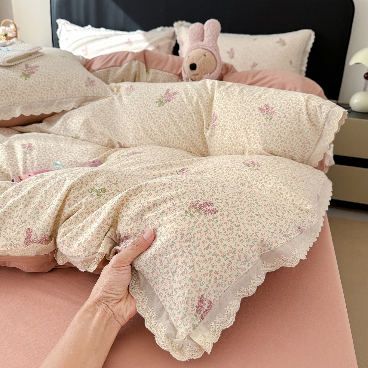 铺尚美家纺 2026新款田园韩版花边款小碎花古法水洗仿棉A类云感棉四件套 春野