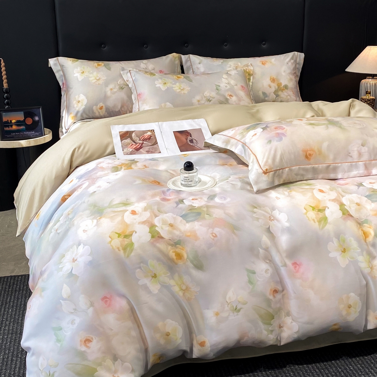 91家纺网 家纺一手货源 找家纺 启航家居 2026新款春夏天丝莱赛尔数码印花四件套 云间素语绿