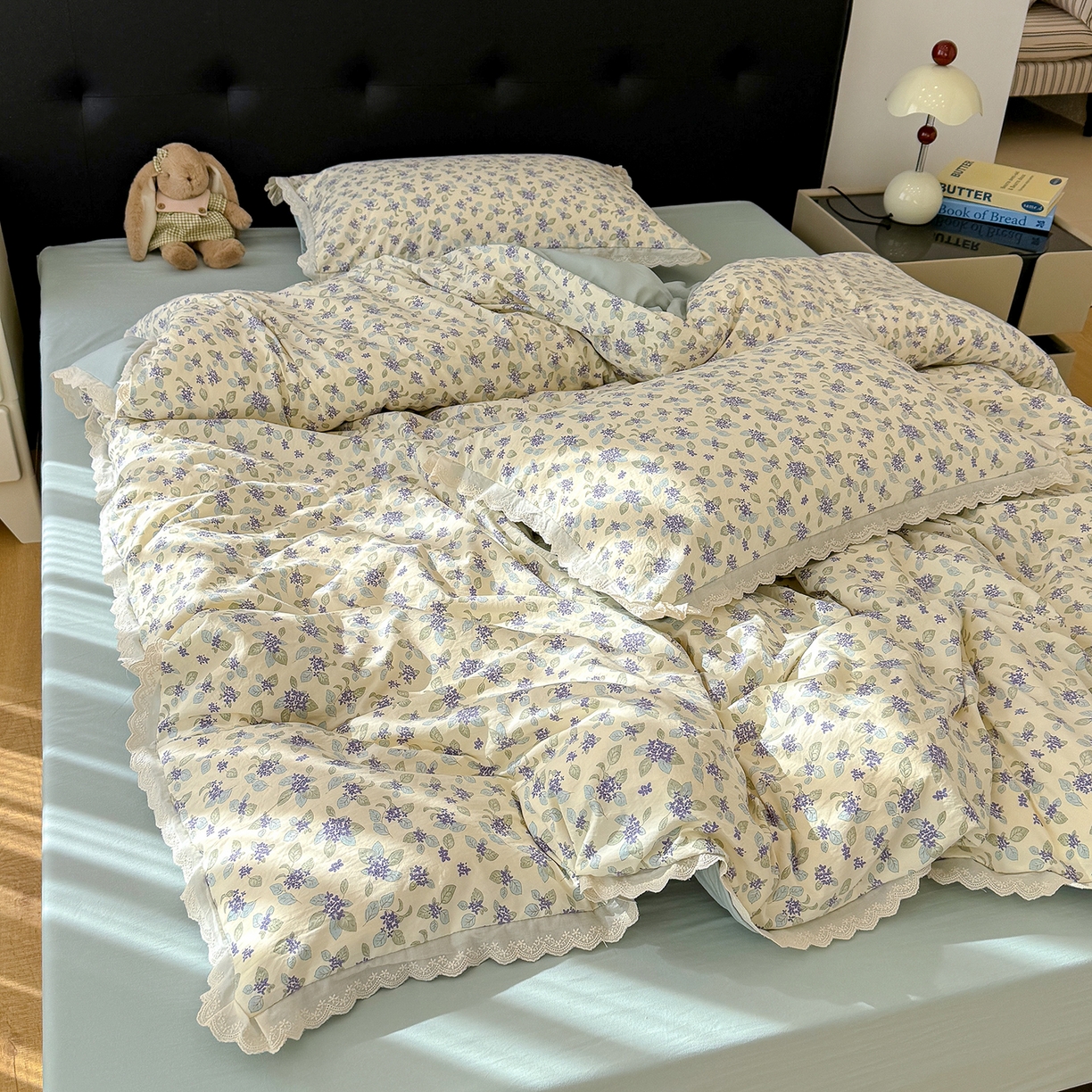 91家纺网 家纺一手货源 找家纺 铺尚美家纺 2026新款田园韩版花边款小碎花古法水洗仿棉A类云感棉四件套 绿野仙踪