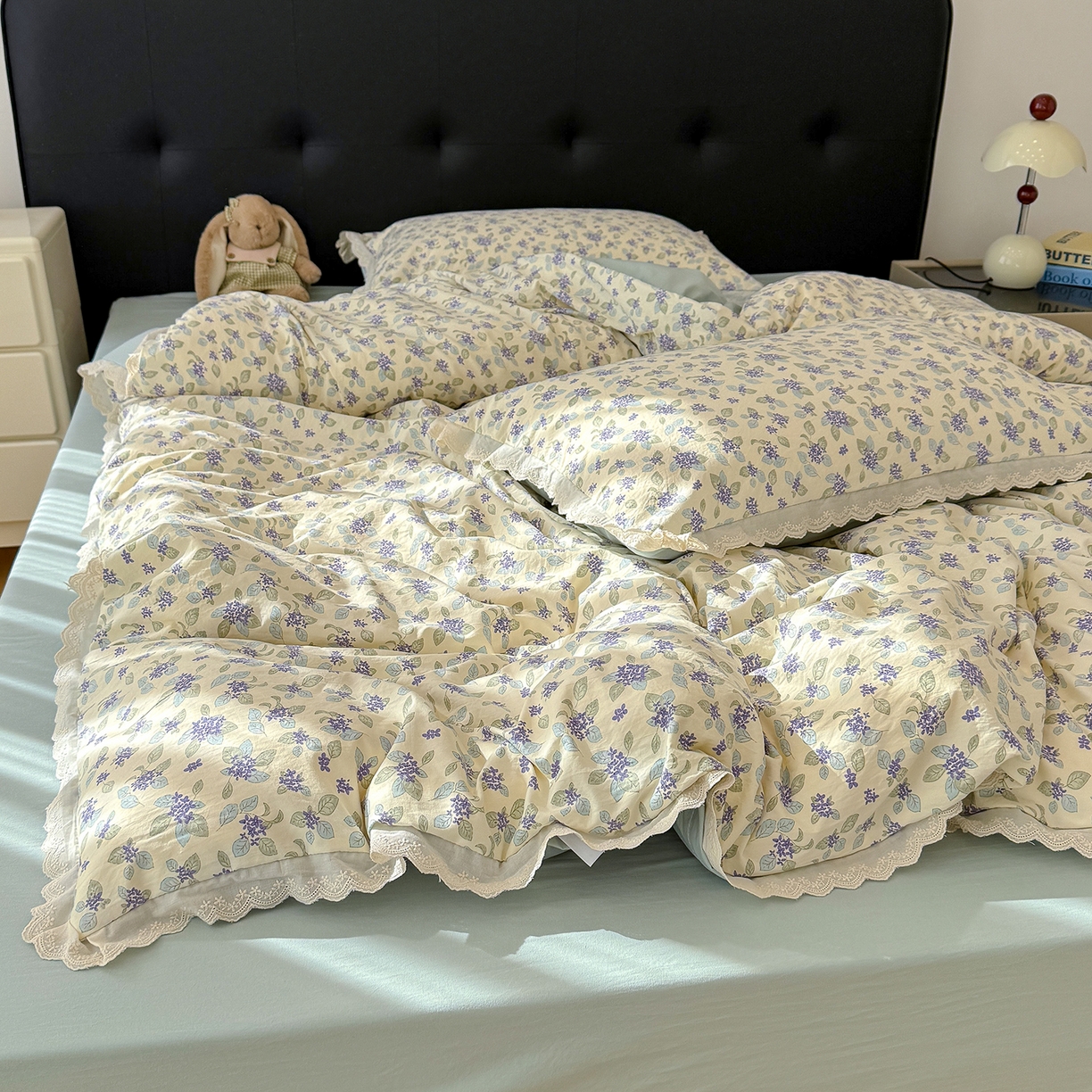 91家纺网 家纺一手货源 找家纺 铺尚美家纺 2026新款田园韩版花边款小碎花古法水洗仿棉A类云感棉四件套 绿野仙踪