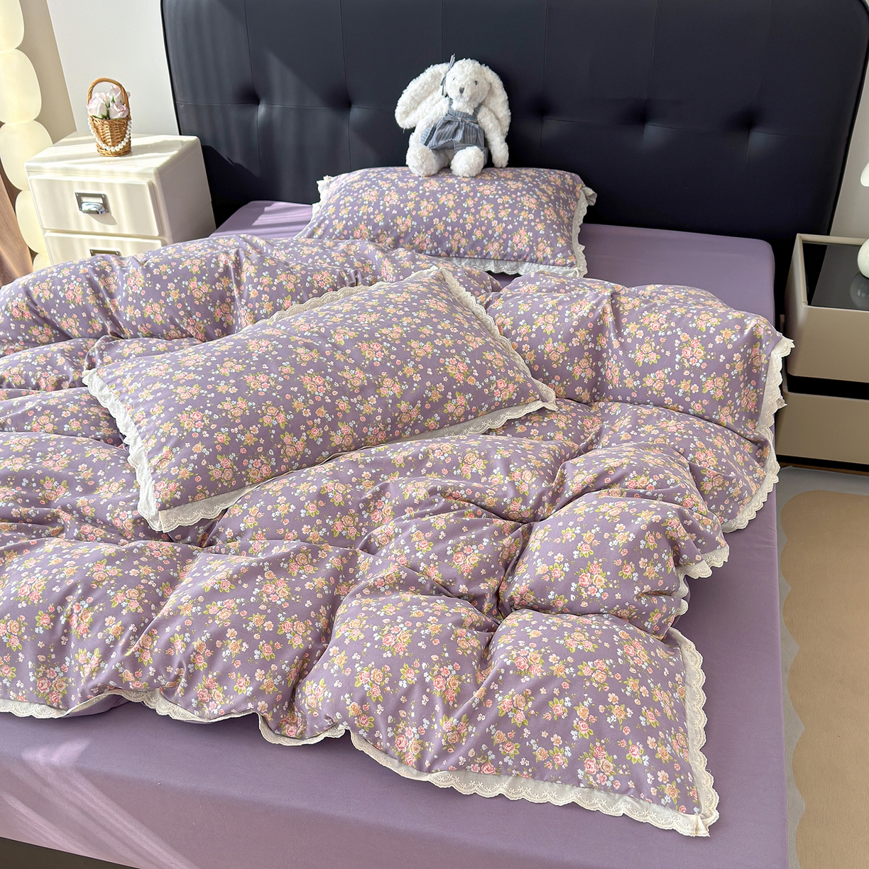 91家纺网 家纺一手货源 找家纺 铺尚美家纺 2026新款田园韩版花边款小碎花古法水洗仿棉A类云感棉四件套 枝雨花繁