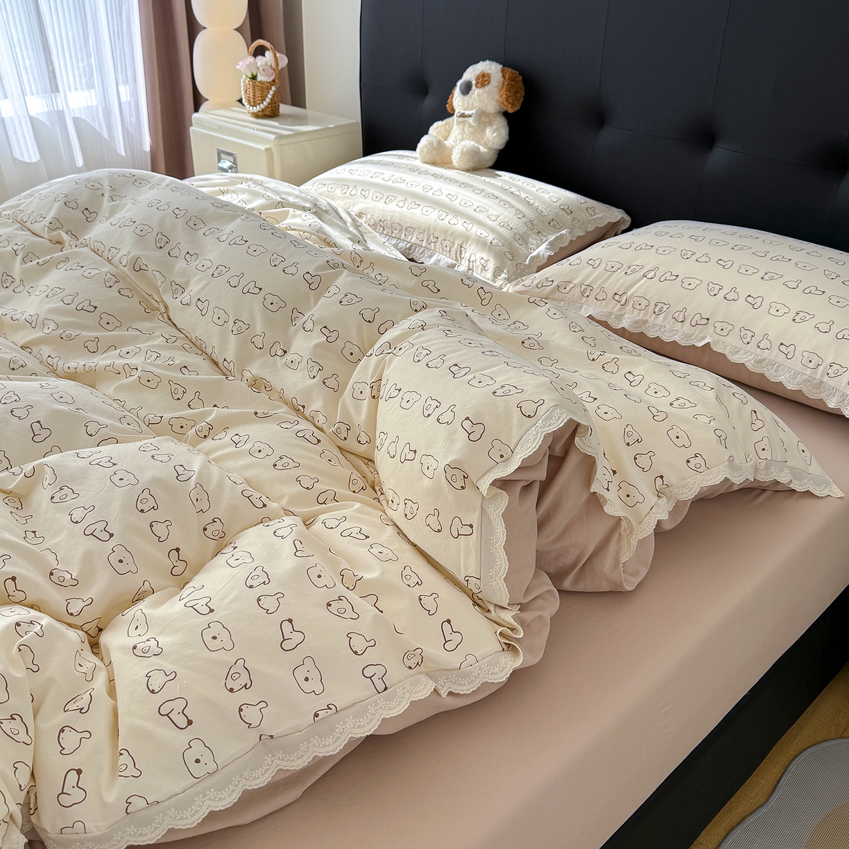 91家纺网 家纺一手货源 找家纺 铺尚美家纺 2026新款田园韩版花边款小碎花古法水洗仿棉A类云感棉四件套 萌宠