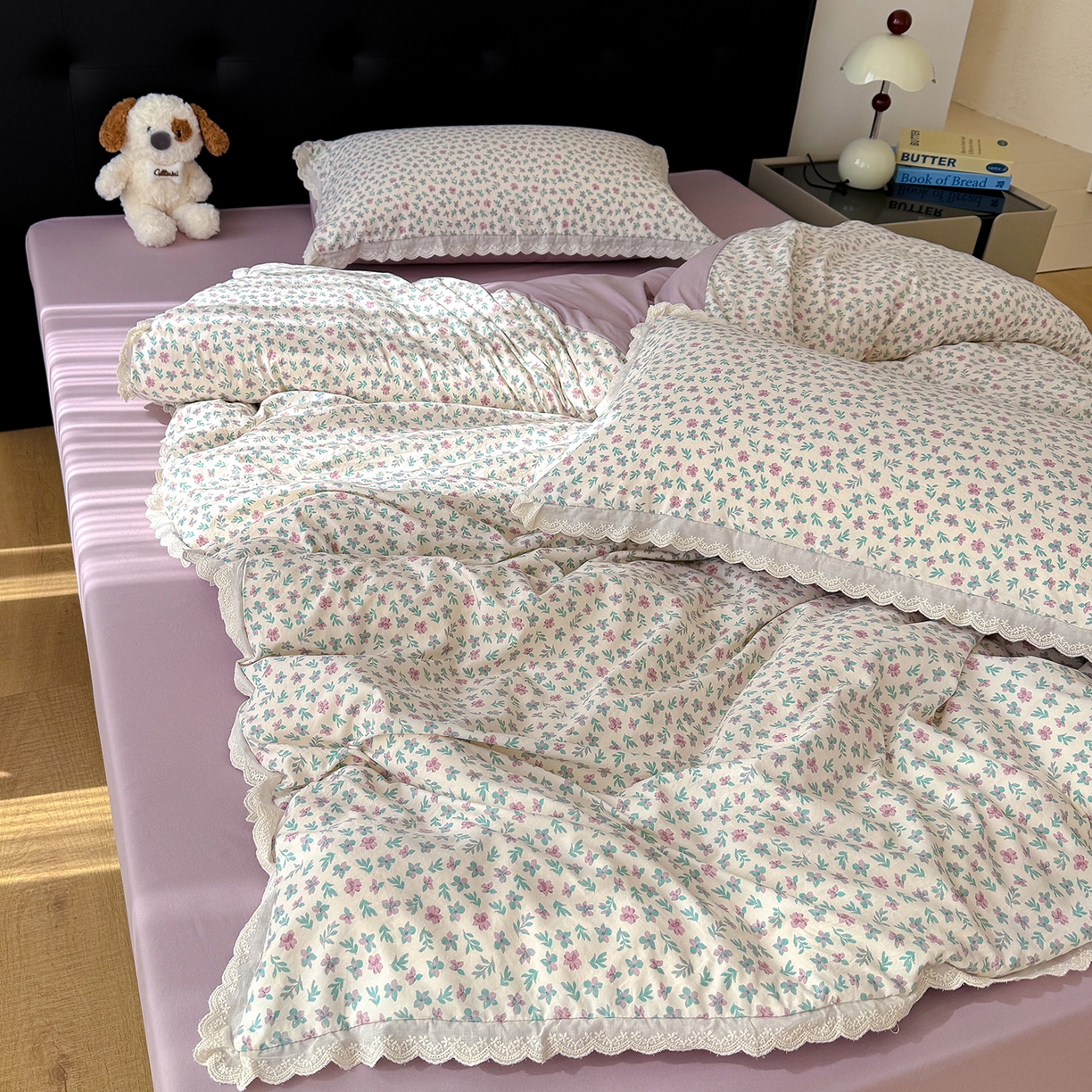 91家纺网 家纺一手货源 找家纺 铺尚美家纺 2026新款田园韩版花边款小碎花古法水洗仿棉A类云感棉四件套 花田故事