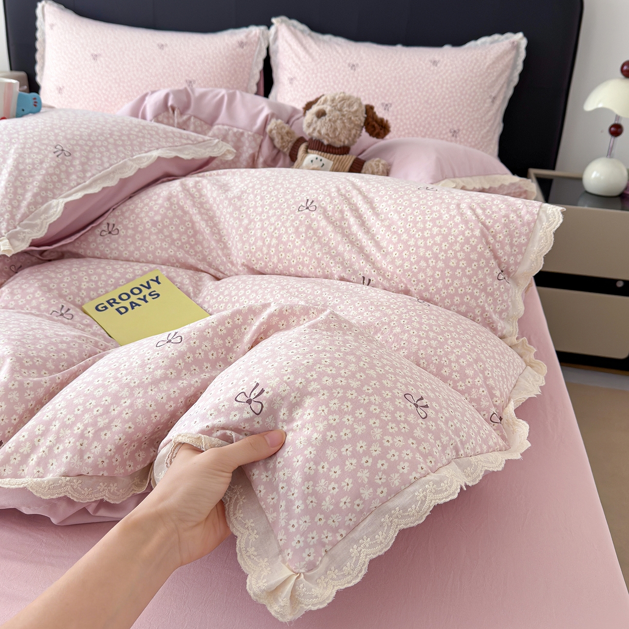 铺尚美家纺 2026新款田园韩版花边款小碎花古法水洗仿棉A类云感棉四件套 仲夏晚樱