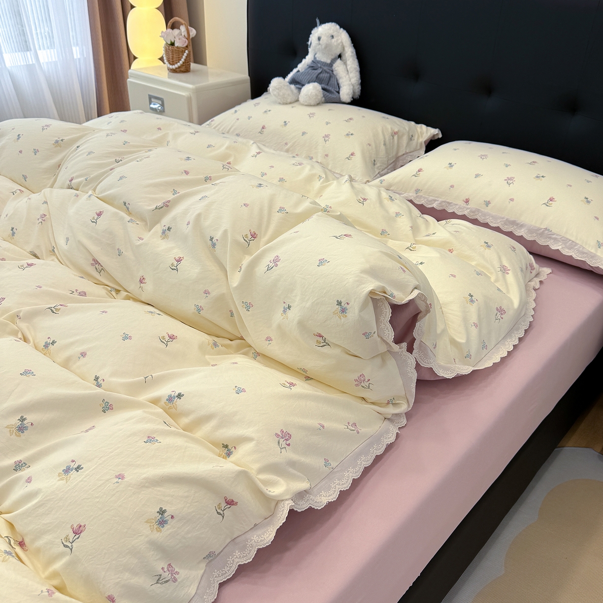 91家纺网 家纺一手货源 找家纺 铺尚美家纺 2026新款田园韩版花边款小碎花古法水洗仿棉A类云感棉四件套 花漫漫