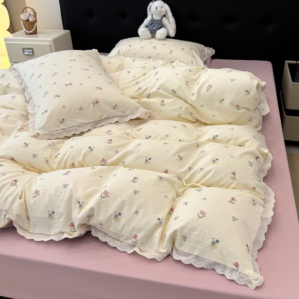 91家纺网 家纺一手货源 找家纺 铺尚美家纺 2026新款田园韩版花边款小碎花古法水洗仿棉A类云感棉四件套 花漫漫