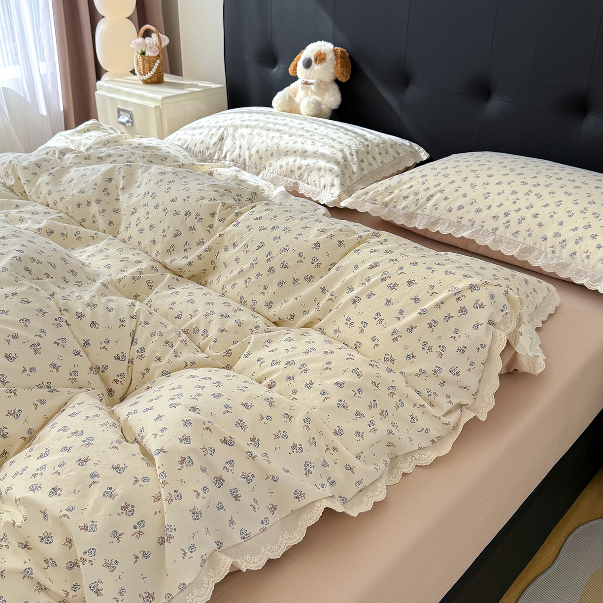 91家纺网 家纺一手货源 找家纺 铺尚美家纺 2026新款田园韩版花边款小碎花古法水洗仿棉A类云感棉四件套 暗香