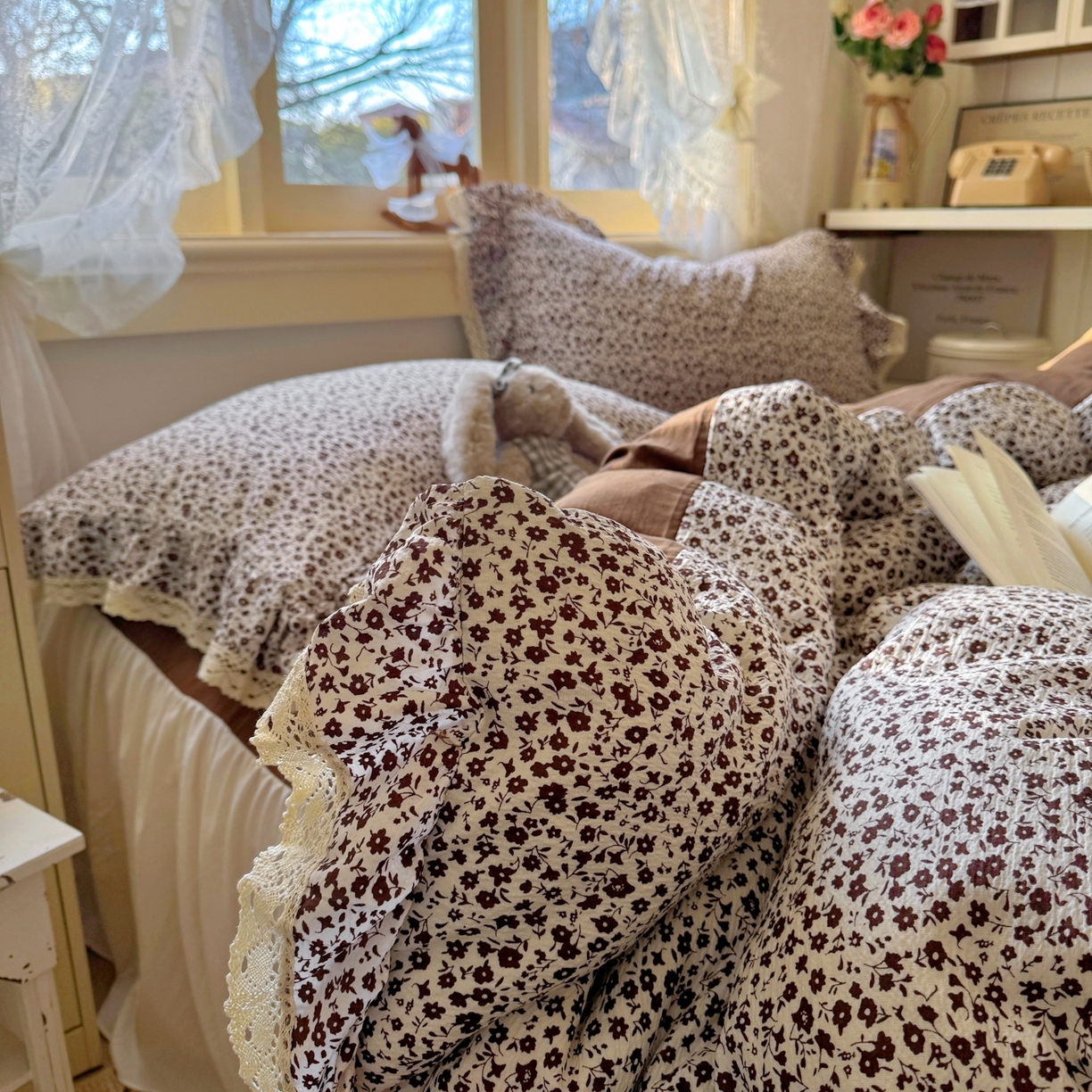 阿曼达 2026新款印花复古小碎花镂空蕾丝花边款四件套 复古小蕾丝-旧梦花.米咖