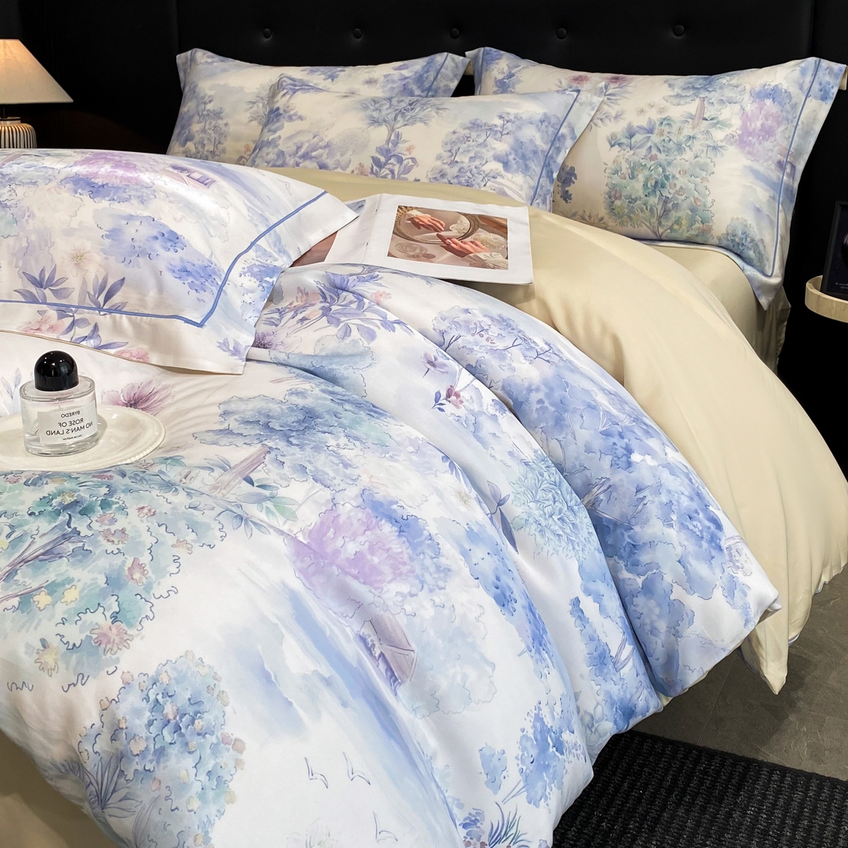 启航家居 2026新款春夏天丝莱赛尔数码印花四件套 早春的树蓝