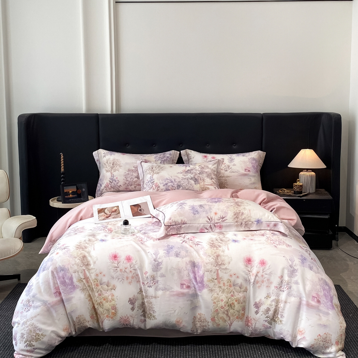 91家纺网 家纺一手货源 找家纺 启航家居 2026新款春夏天丝莱赛尔数码印花四件套 早春的树紫