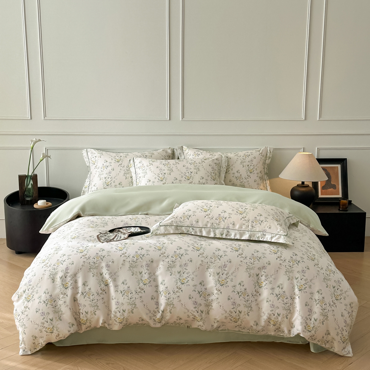 91家纺网 家纺一手货源 找家纺 启航家居 2026新款春夏天丝莱赛尔数码印花四件套 栀花语粉