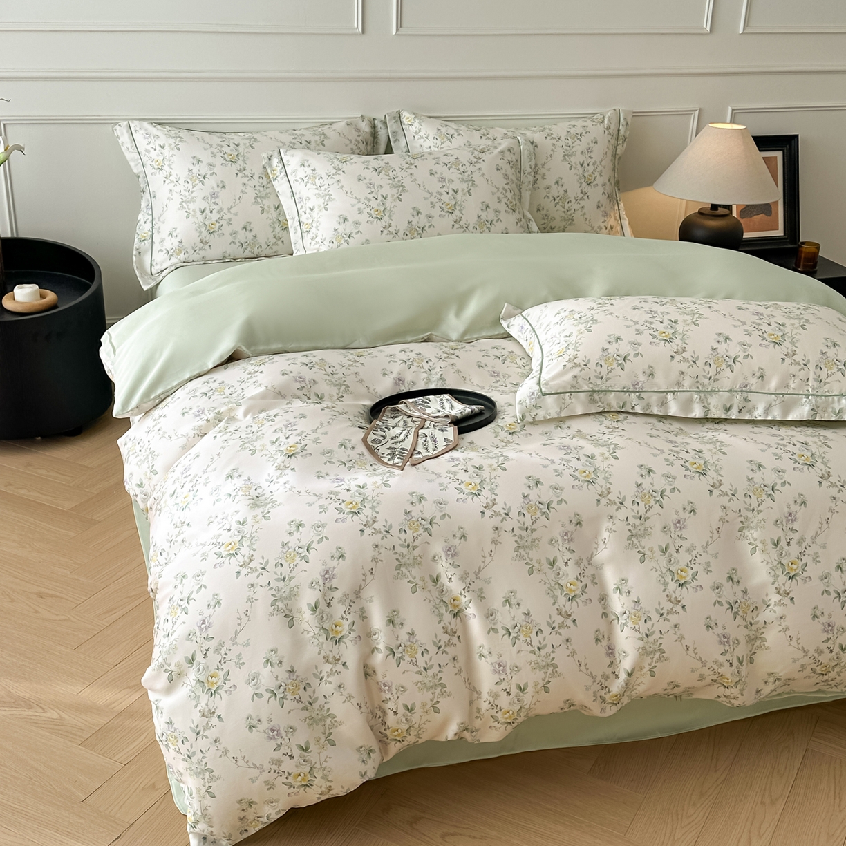 91家纺网 家纺一手货源 找家纺 启航家居 2026新款春夏天丝莱赛尔数码印花四件套 栀花语粉